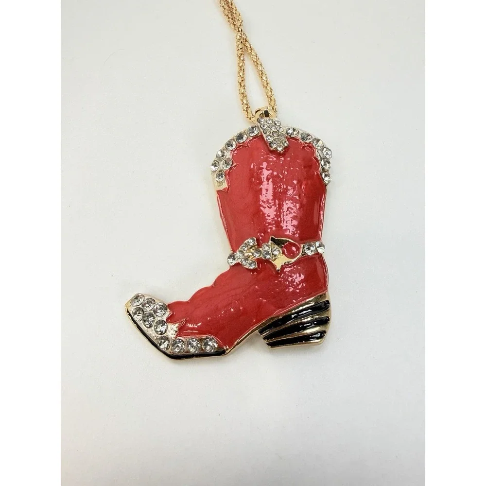 Cowgirl Boot Red Enamel Rhinestone Pendant Gold Tone Necklace Western Rodeo